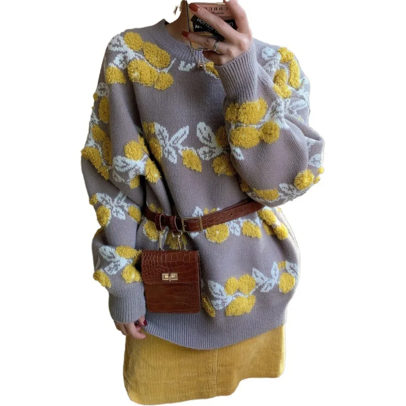 

2021 New Korean Fashion Three-dimensional Flocking Jacquard Thick Round Neck Loose Warm Top Knitted Pullover Sweater Women