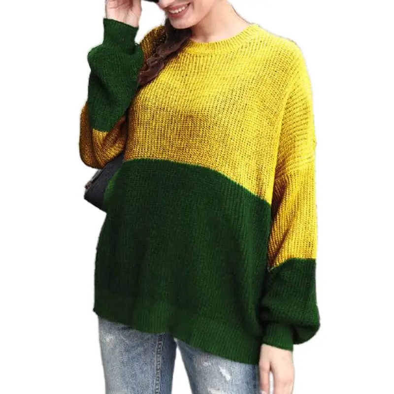 

Women Autumn Lantern Long Sleeves Sweater O-Neck Color Block Patchwork Chunky Knit Tops Casual Loose Pullover Jumper Streetwear