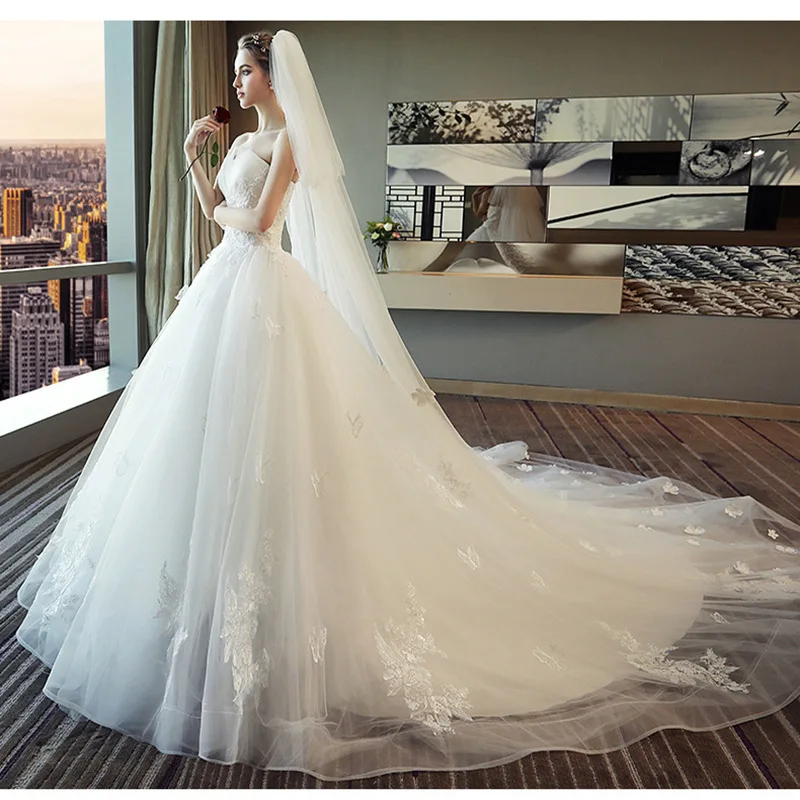 Vestidos De Novia White Wedding Dresses Strapless Ruched Beaded Embroidery Elegant Bride Dresses With Sweep Train Gelinlik 2020