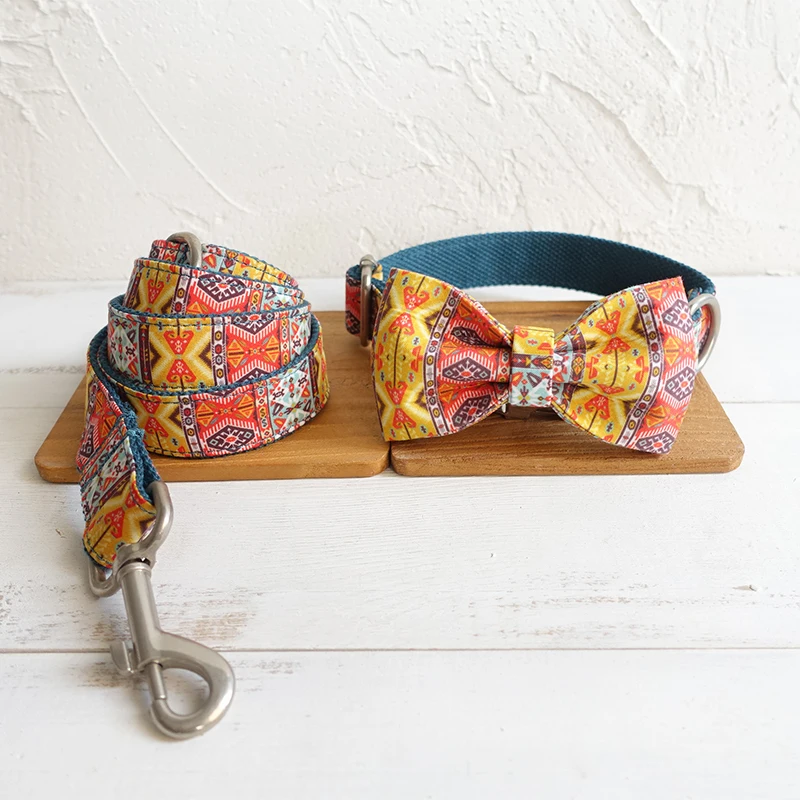 Богемный собачий ошейник с бантом индивидуальная гравировка поводком набор