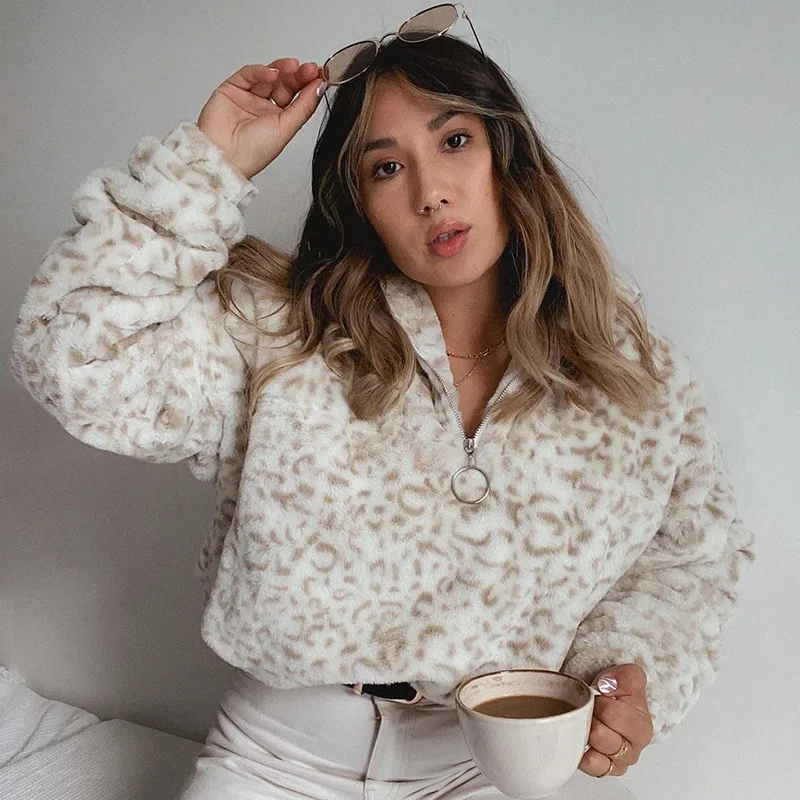 Теплая зимняя женская флисовая толстовка с воротником стойкой и длинным рукавом