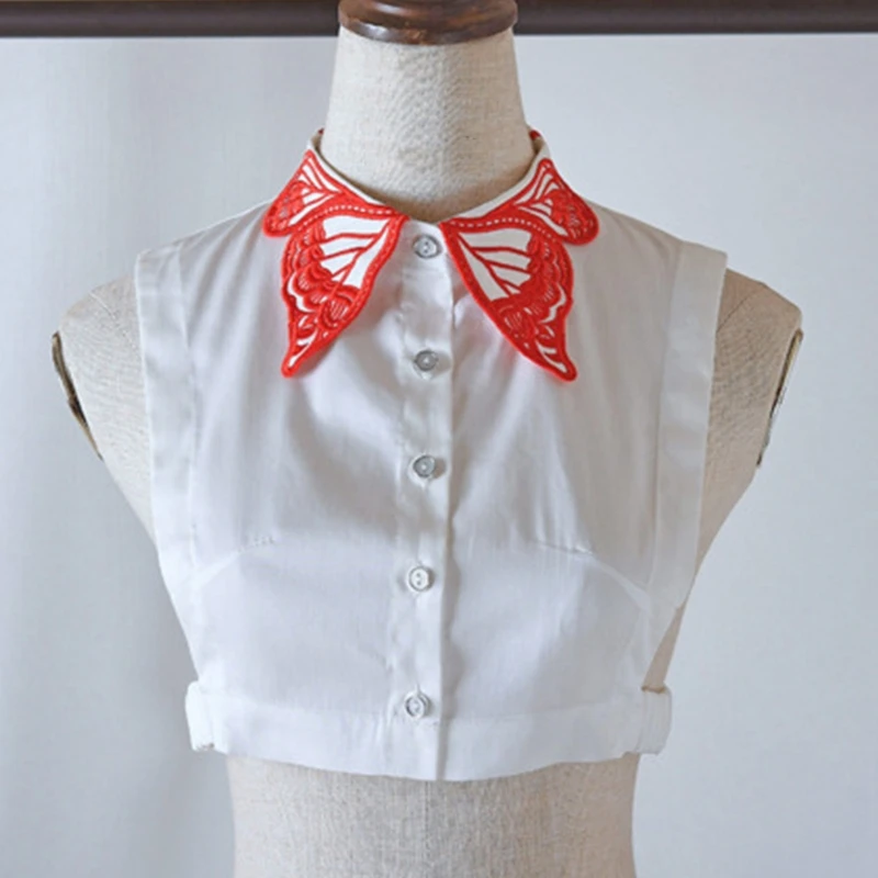 

Women Butterfly Embroidery Lapel False Fake Collar Button Down Detachable Half Blouse Top Dickey Decorative Clothing
