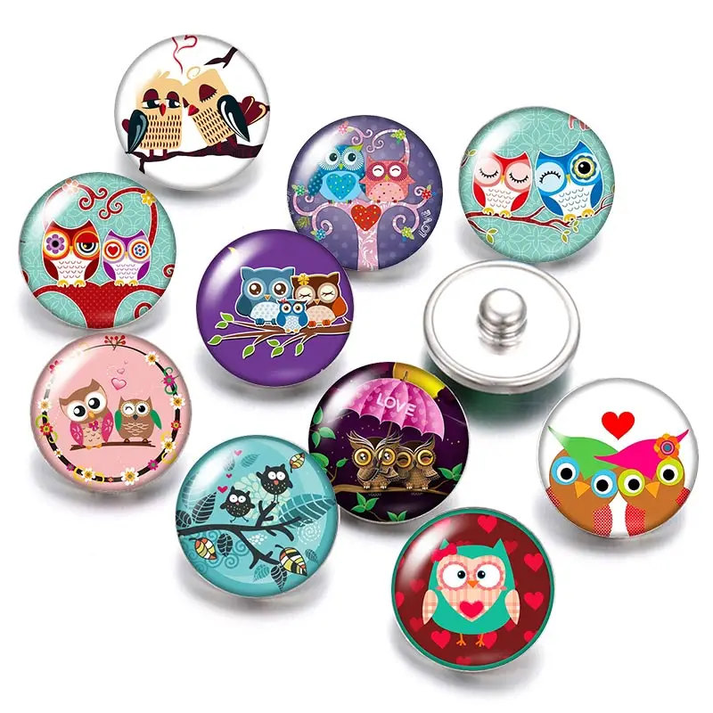 

DB0469 Couple Owls Lovely owl 18mm snap buttons 10pcs mixed round photo glass cabochon style for snap button jewelry