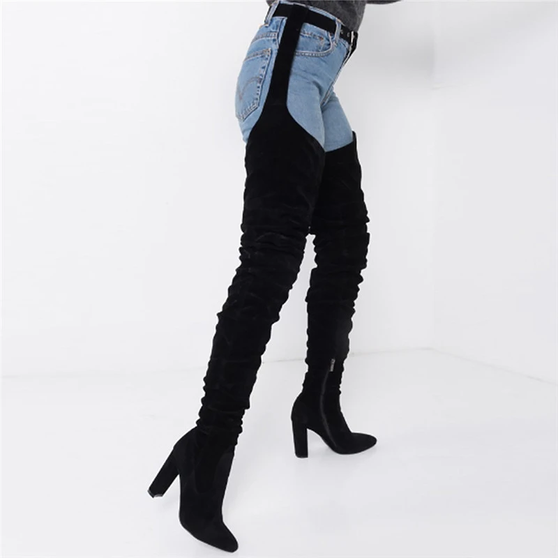 Women Sexy Waist Strap Over Thigh Knee Boots Long High Block Thick Heels Bootie with Pointed Toe Suede Leather Shoes Botas