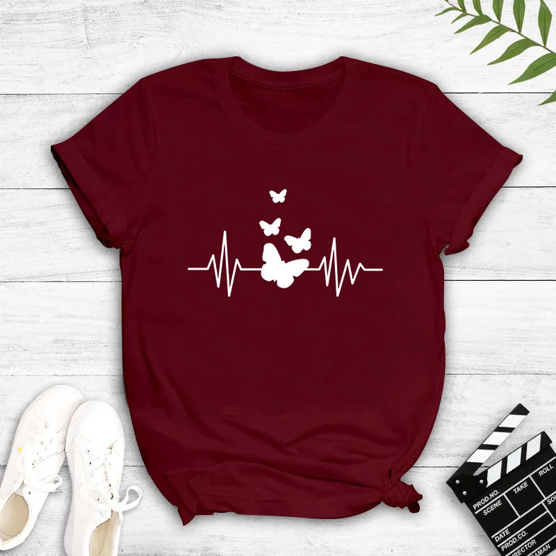 

Heartbeat Butterflies Print Women T Shirt Short Sleeve O Neck Loose Women Tshirt Ladies Tee Shirt Tops Clothes Camisetas Mujer