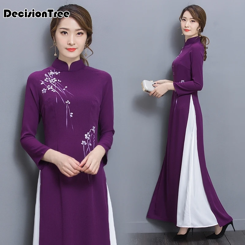 Вьетнамские халаты в народном стиле из шифона aodai изящное платье со стоячим воротником Элегантная традиционная одежда с цветочным принтом aodai