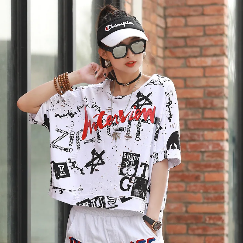 

Bright Color Graffiti Loose Korean Version Short Sleeve T-shirt Female 2021 New Summer Loose Hoodies O Neck Tops For Women