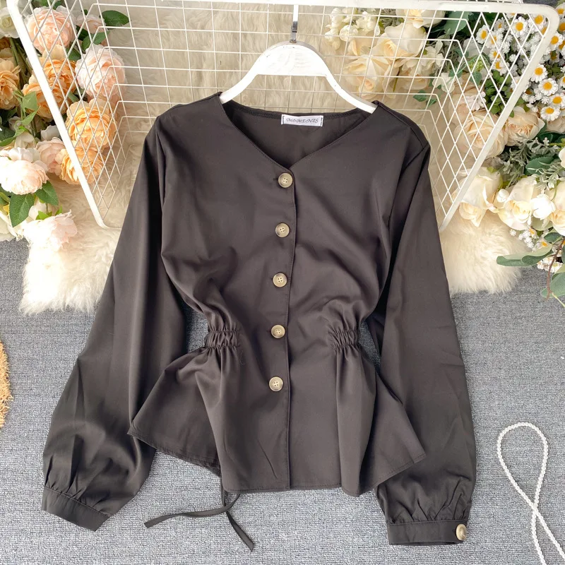 

Women's Clothing Spring and Summer New Korean Style Single-breasted Button Top with V-neck Lace-up Waist and Thin Lotus Leaf Top