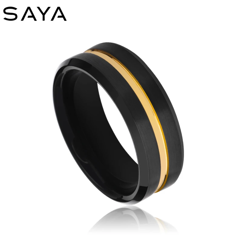 Кольца вольфрамовые мужские ширина 8 мм для свадьбы с покрытием из черного золота