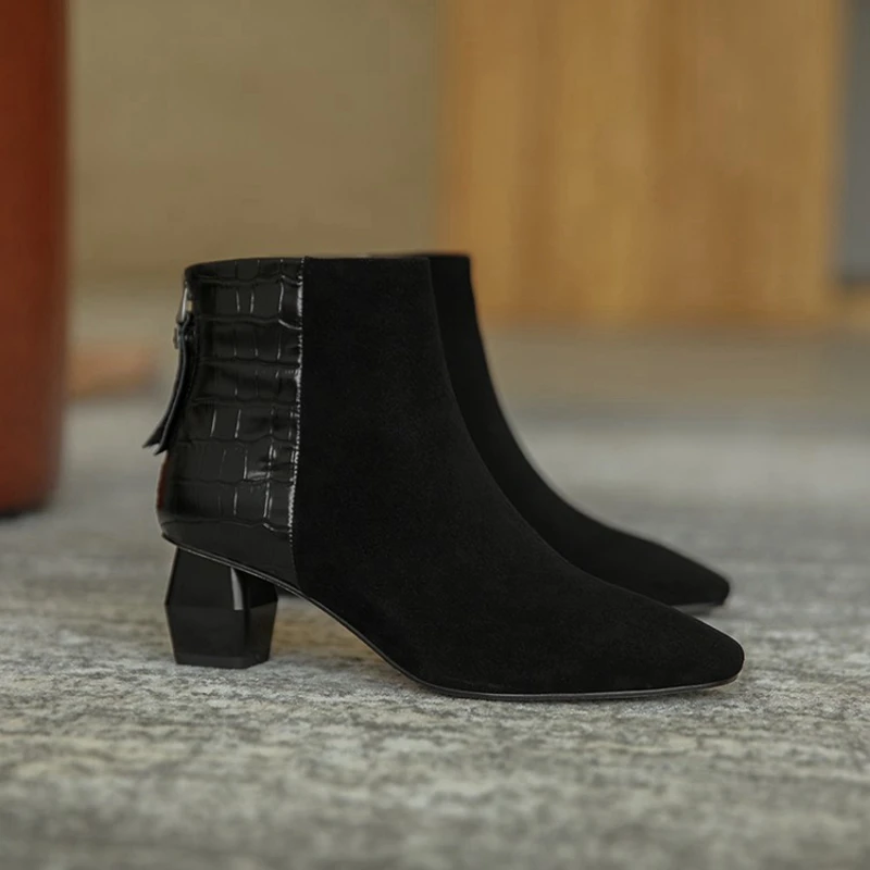 

SIMLOVEYO Women genuine leather shoes Winter boot Mid-Calf boots Square toe Chunky heels Zipper Checkered Black Daily Work B2078