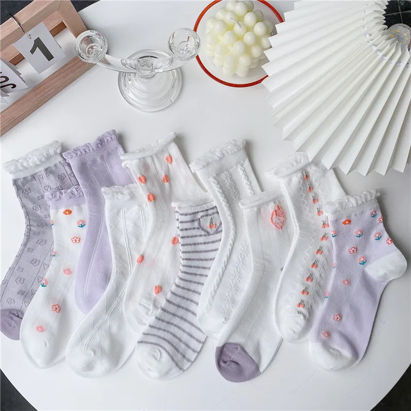 

10-Colour Fashion Women Girls Sweet Socks Summer Thin Japanese JK Cute Middle Tube High Elasticity Breathable Frill Socks