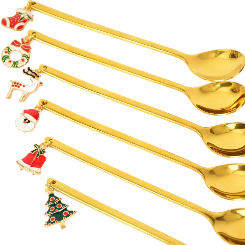 

1pc Gold Stainless Steel Christmas Spoon With Santa Tree Wreath Elk Stocking Pendant Kitchen Tools Xmas Navidad Party Supplies