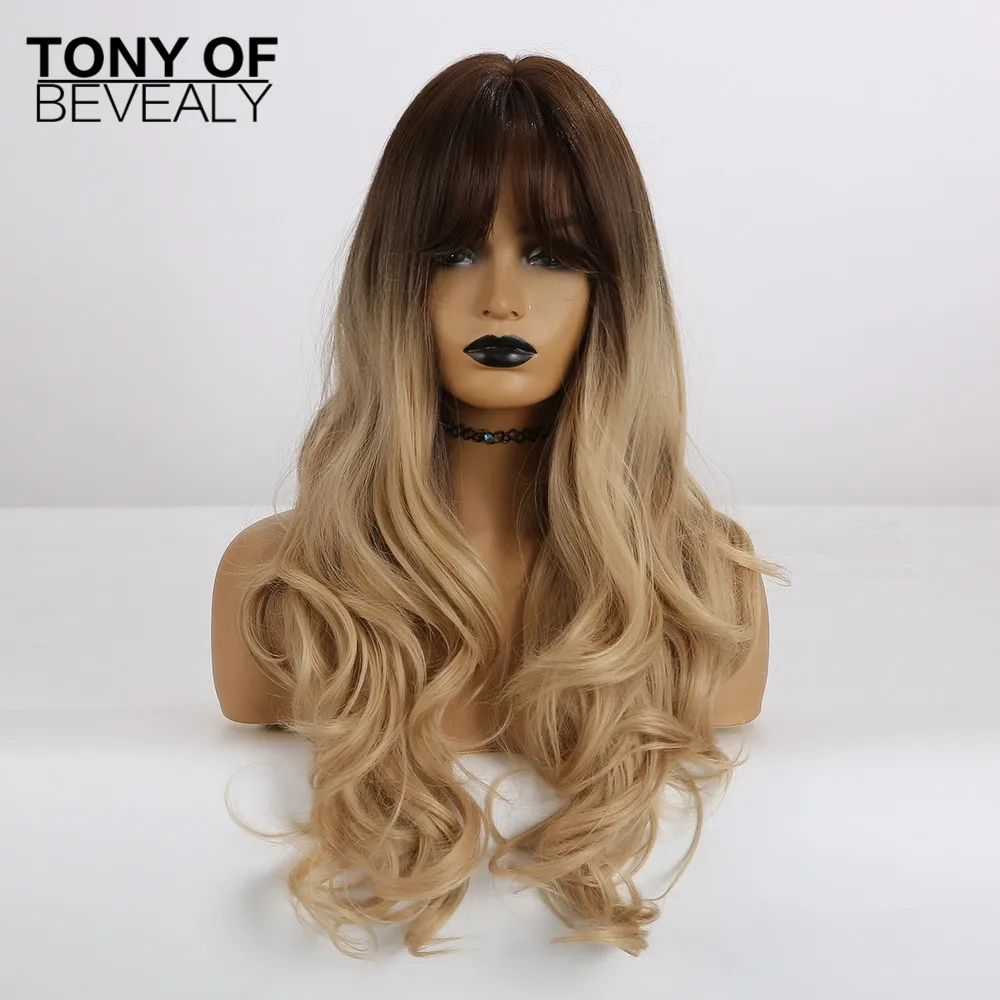 Длинные волнистые светло коричневые синтетические парики с челкой для женщин