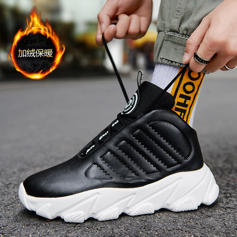 

2021 New High Top Shoes Male with Fur Anti-Slip Woman Basketball Sneakers Winter Thick Soled Soft Sole Shoe Men Basketball Sport