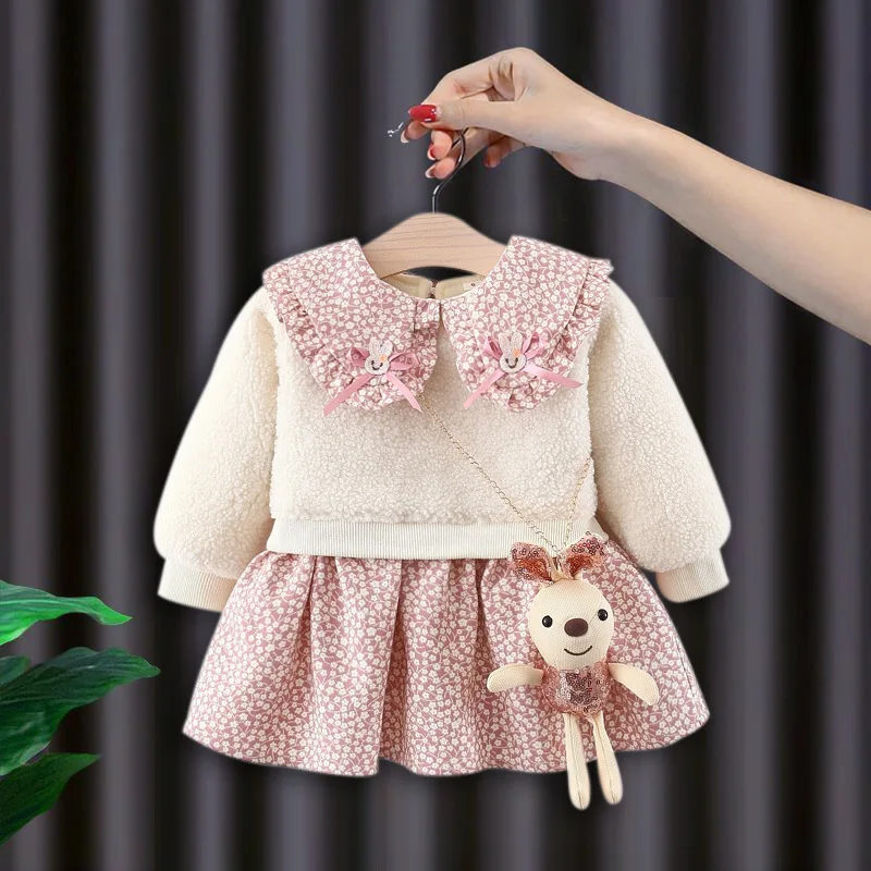 

Winter new born 1 year girl baby birthday clothes lamb wool velvet warm tutu dresses dress for infant girls baby clothing dress