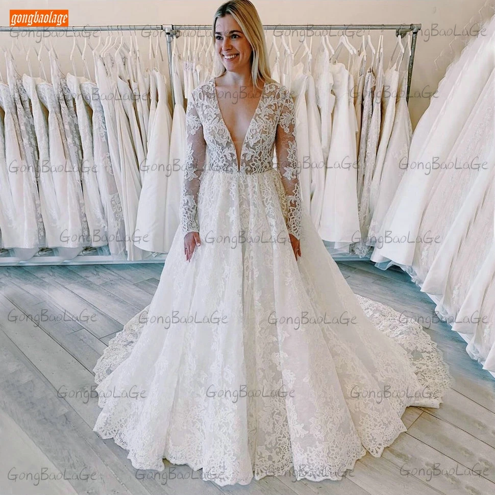 Купи Luxury Lace Wedding Dresses V Neck White Appliqued Tulle Ball Gown Bridal Dress Long Sleeves Corset Custom Made Vestido De Noiva за 9,946 рублей в магазине AliExpress