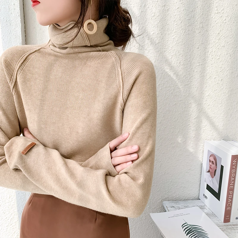 

Women's Solid Turtleneck 2022 Aesthetic Slim Pullover Long Sleeve Loose Primer Shirt Ribbed Knit Sweater Pull Femme