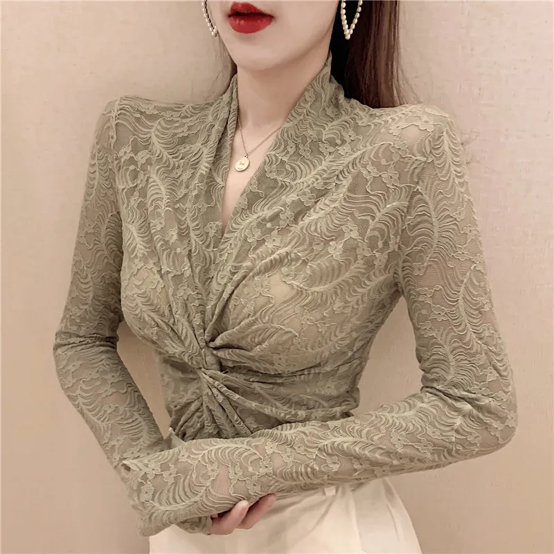 

2021 Summer New Lace Women Blouse Sexy V-Neck See Through Club Slim Lady Female Pulls Solid Outwear Tops