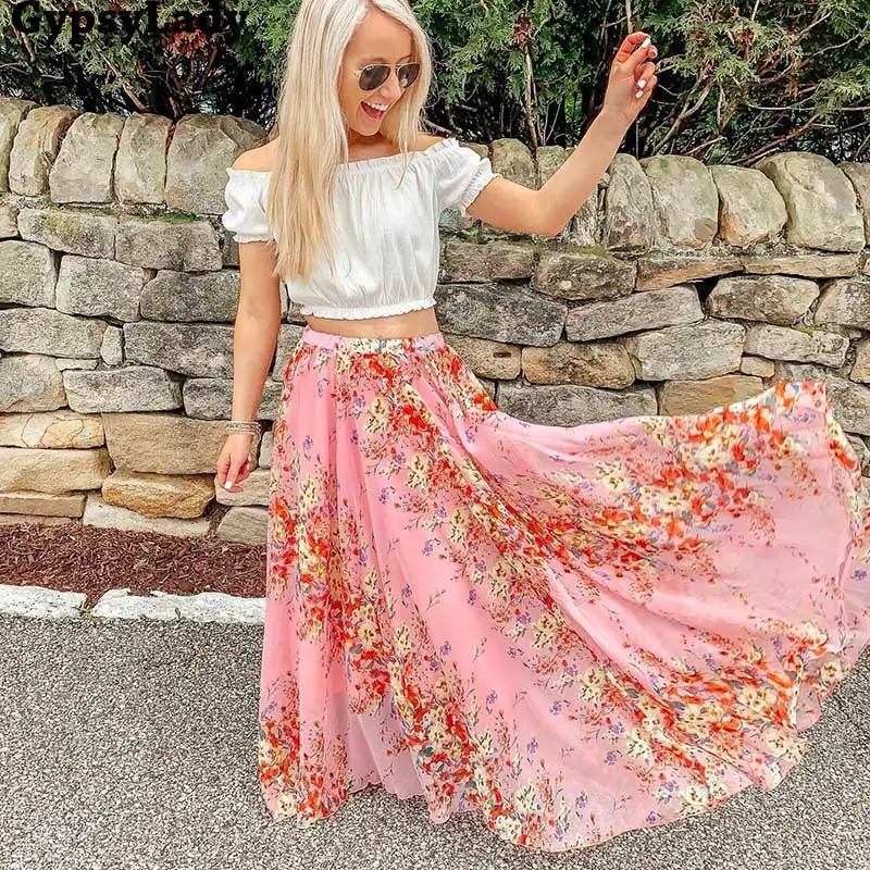 GypsyLady All Bloom Chiffon Maxi Skirt In Pink Floaty Plus Size Women Summer Floral Vibes Long Skirts Womens Faldas |