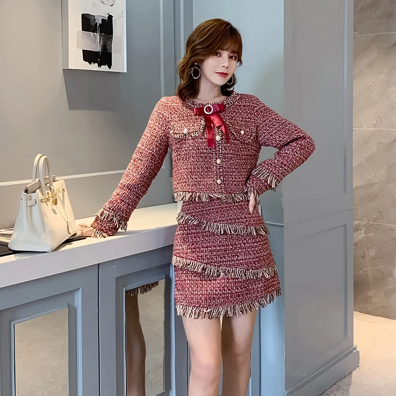 Маленькие ароматные костюмы с юбкой новая зимняя твидовая клетчатая куртка