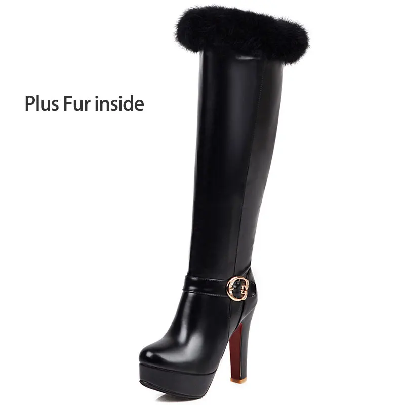 plus fur black Lasyarrow/женские сапоги до колена; женские зимние сапоги с Плюшевым Мехом; Botas; модная теплая зимняя женская обувь на платформе с пряжкой - Цвет: plus fur black