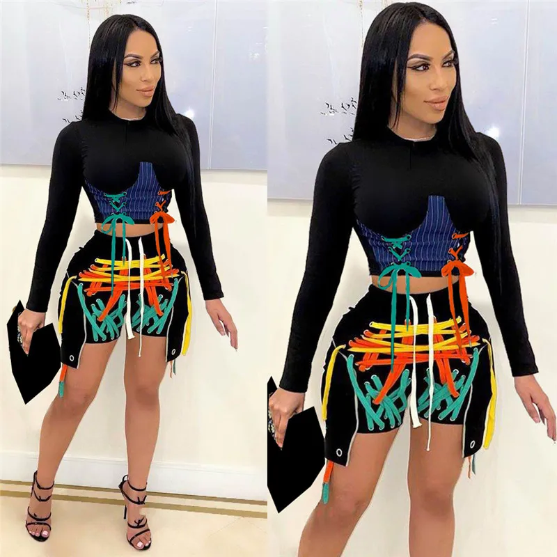 

WUHE Женский комплект с принтом с длинным рукавом и О-образным вырезом тонкие короткие топы бандажные обтягивающие шорты комплект из 2 предме...