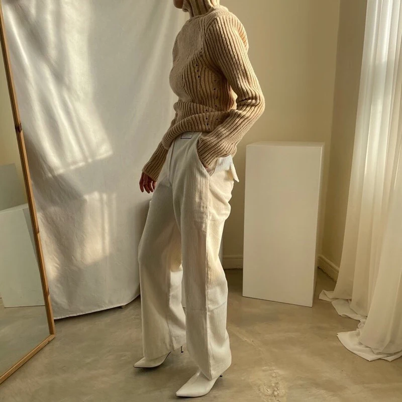 

Luck A 2020 Autumn Women Solid Casual Wide Leg Loose Pants Ladys Elegant Corduroy High Waist Leggings Female Pocket Trousers