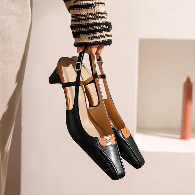 

Обувь из натуральной кожи сандалии с квадратным носком обувь на высоком каблуке; Женские сандалии-шлепанцы вечерние туфли модные туфли-лод...