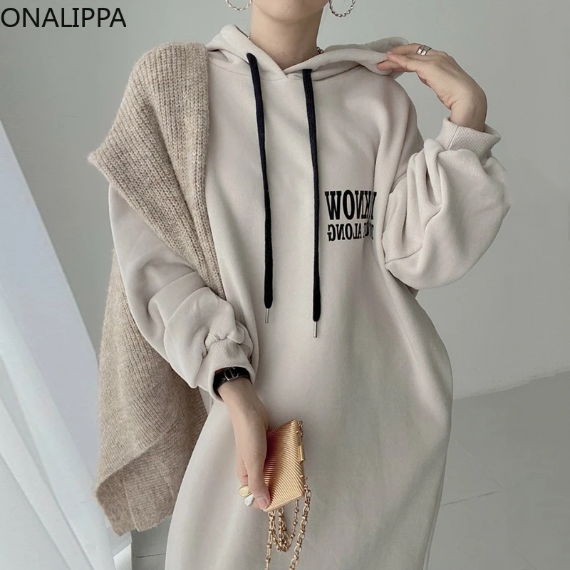 

Женское длинное платье с капюшоном ONALIPPA, осень 2021, Корейская винтажная толстовка с надписью спереди и сзади