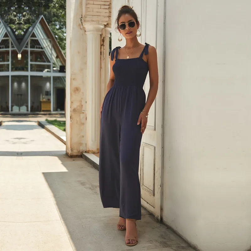 Женские Длинные Комбинезоны на тонких лямках Свободные повседневные однотонные