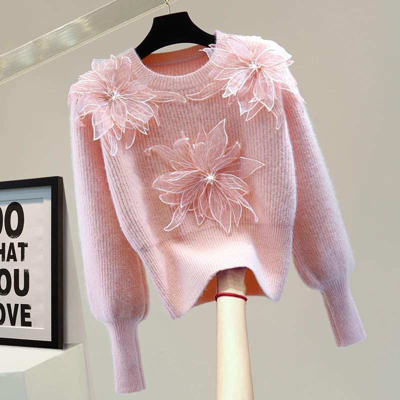 

High Waist Short Sweater Pullovers Female 2021 Autumn Winter Flower Rhinestone Solid Color Versatile Top Women Thicken Sweaters