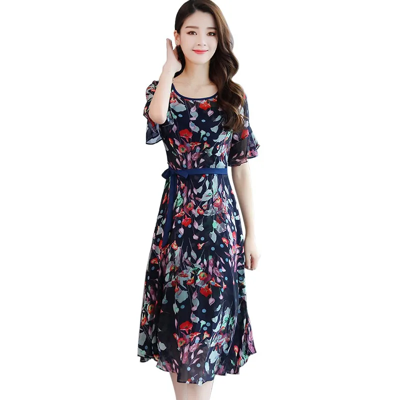 

Summer Short Sleeve Dress Bohemian Vintage Dresses Boho Casual O Neck Belt Lace Up Flare Sleeve Plus Size 3XL Floral Dress