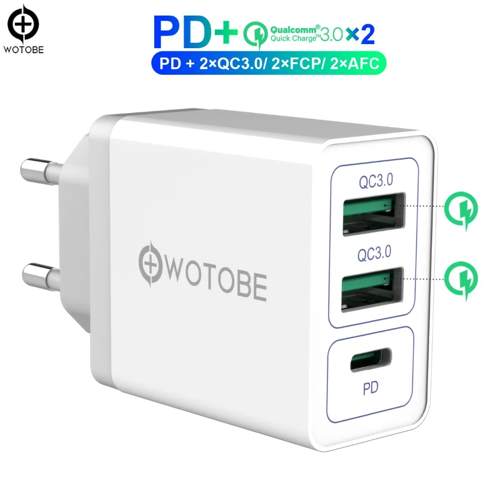 Адаптер питания для iPhone11/iPad/pixel/S8/S9/S10/note9/Huawei/Millet с 2 портами QC3.0/FCP/AFC 1 портом PD3.0 и