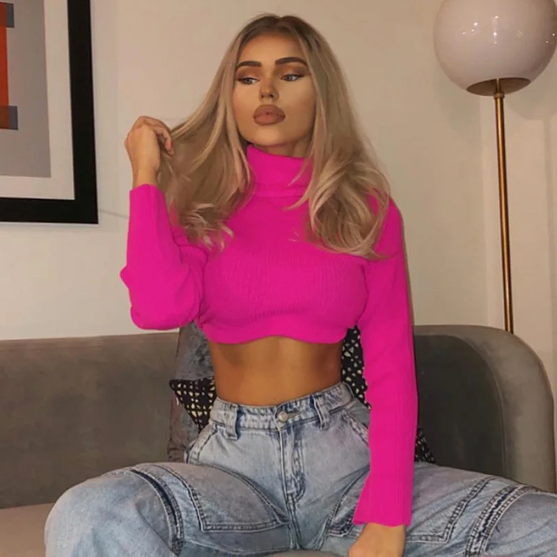 

Women Autumn Sweater, Long Sleeve High Collar Ribbed Crop Top Casual Style Pullover basic knitted top with neckline exposed