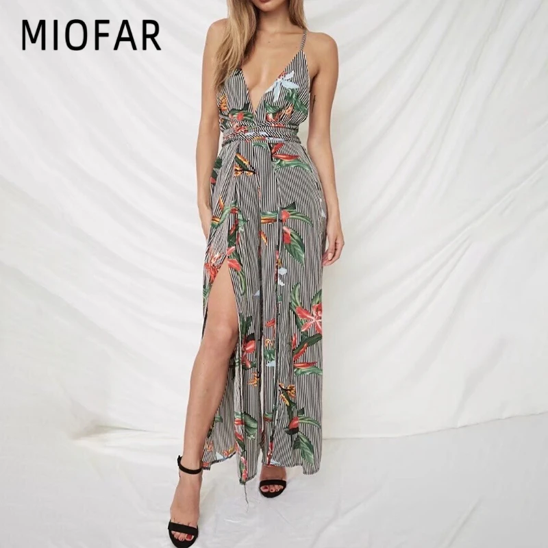 Женский комбинезон с цветочным принтом MIOFAR Летний в полоску V образным вырезом и