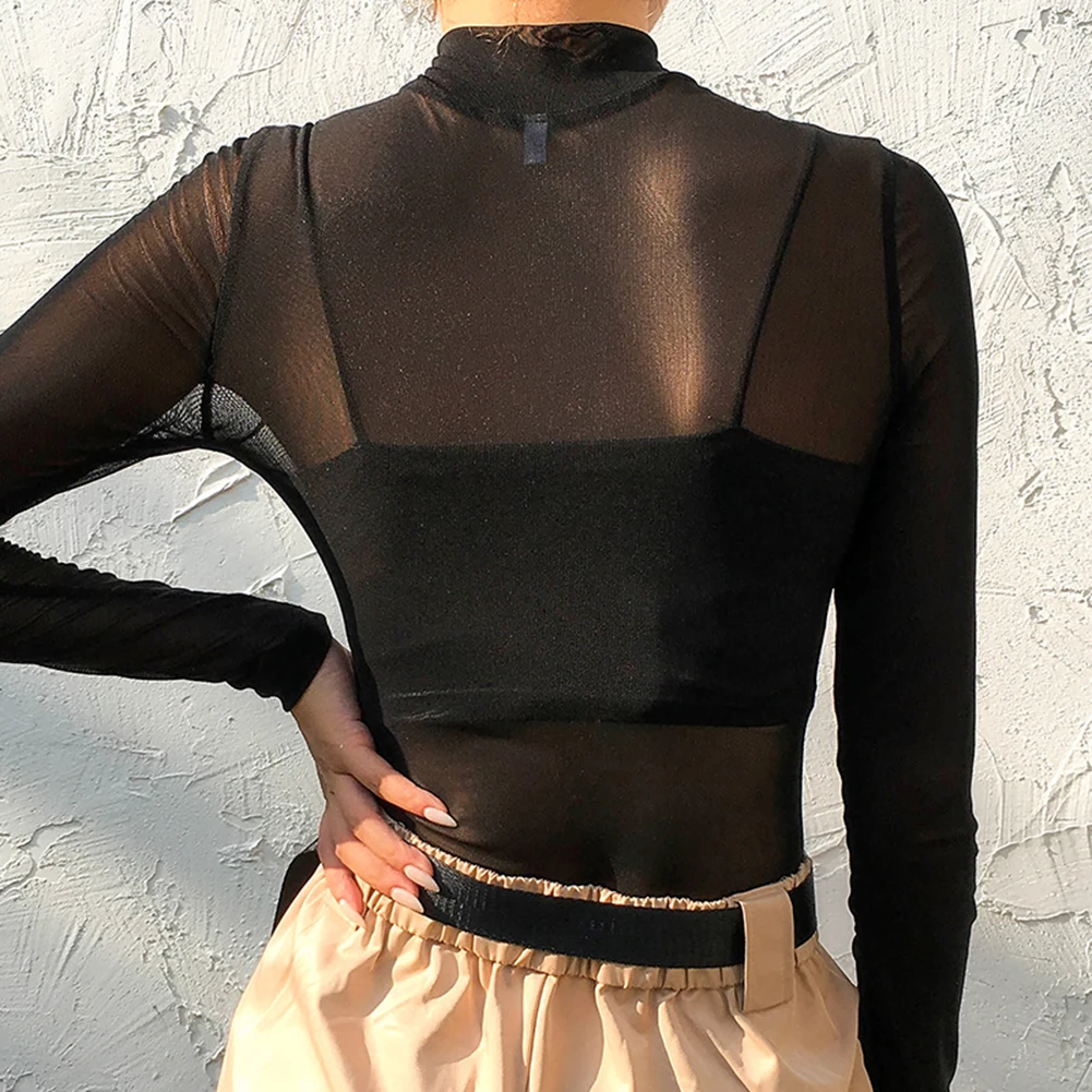 Сексуальный прозрачный сетчатый женский комбинезон на молнии с длинным рукавом