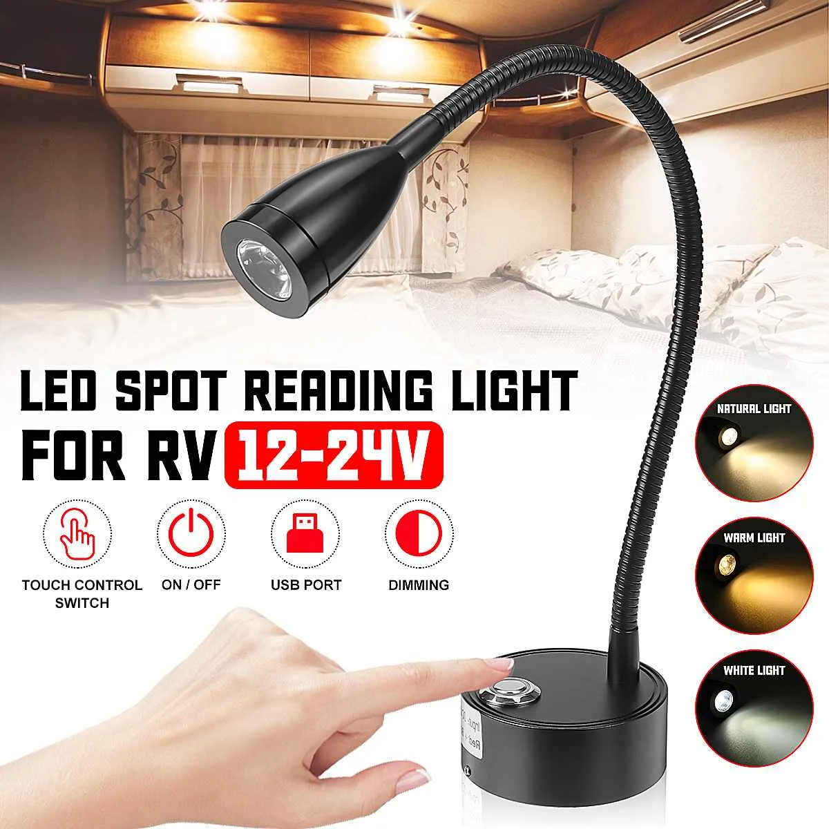 

1/2/4x 12V 24V Touch Switch Reading Lamp Flex Neck LED Wall Lamp w/USB Socket 3W For RV Boat Hotel Bedside Study Book Lamp