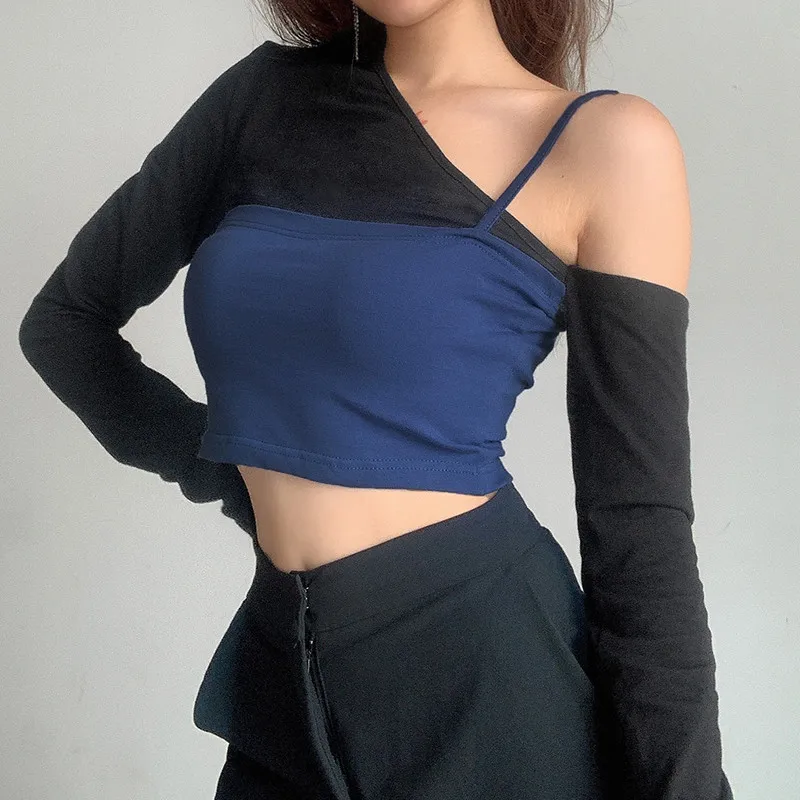 

2021 Solid Color Sexy Autumn Irregular One-shoulder Sling Bottoming Long-sleeved Contrast Color Fake Two Pieces