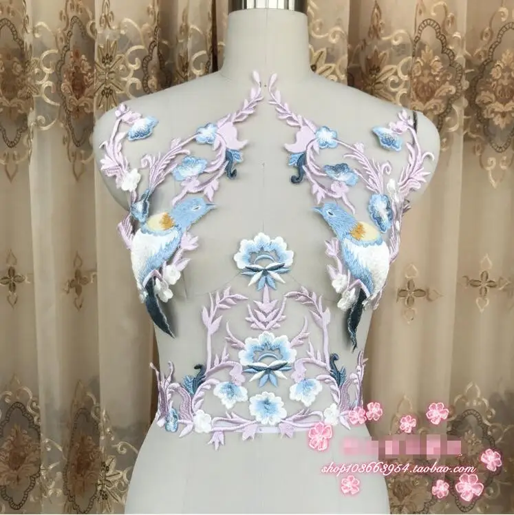 Вышитая нашивка с фиолетовыми птицами и цветами аппликация для шитья