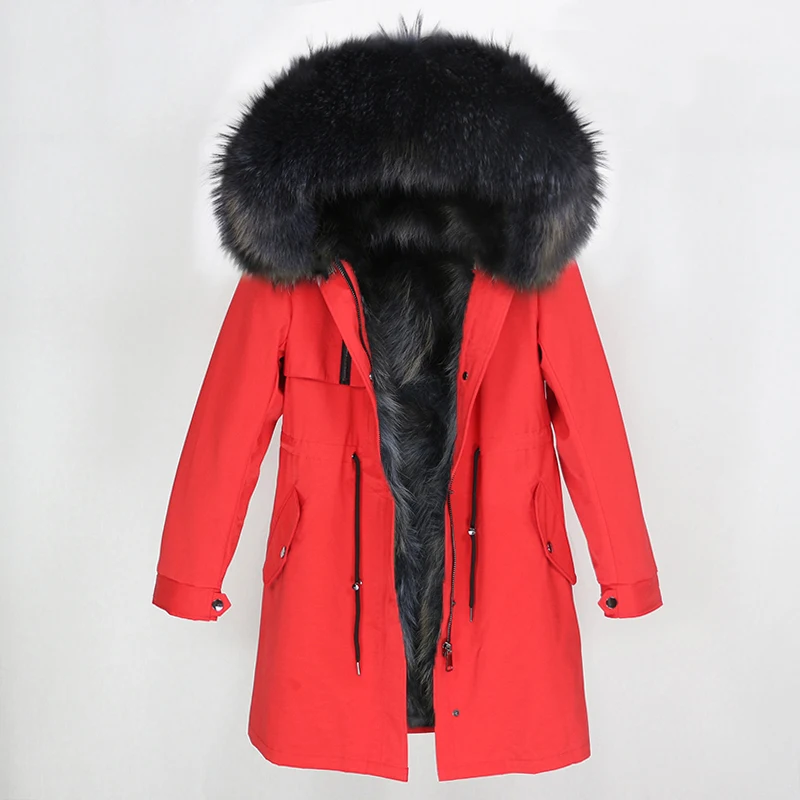 red grey OFTBUY, водонепроницаемая парка, пальто из натурального меха, зимняя куртка для женщин, натуральный мех енота, меховой воротник, Лисий мех, подкладка, теплая Толстая Уличная верхняя одежда - Цвет: red grey