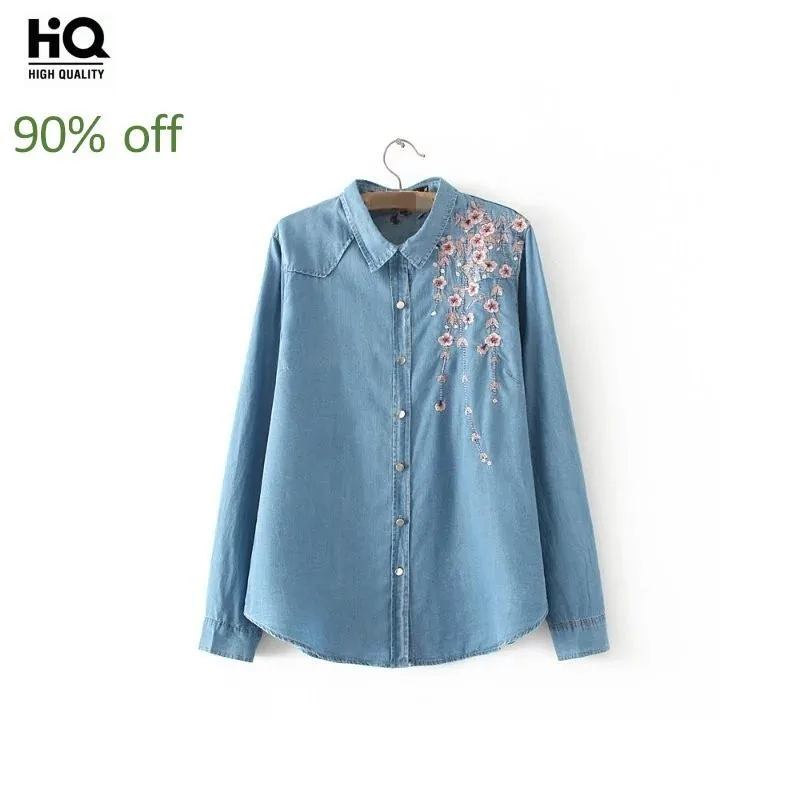 Женская Джинсовая блузка рубашка размера плюс с длинным рукавом рубашки