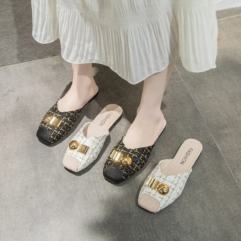 

Shoes Woman 2021 Slippers Flat Rivet Low Pantofle Cover Toe Female Mule New Mules Summer Square Fabric Hemp PU Metal Decoration