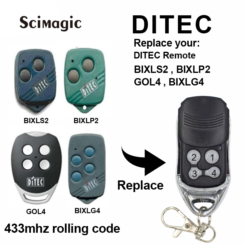 

DITEC Remote Control For BIXLS2 BIXLP2 GOL4 BIXLG4 433MHz Rolling Code & GOL4C Fixed Code Garage Opener Command Transmitter
