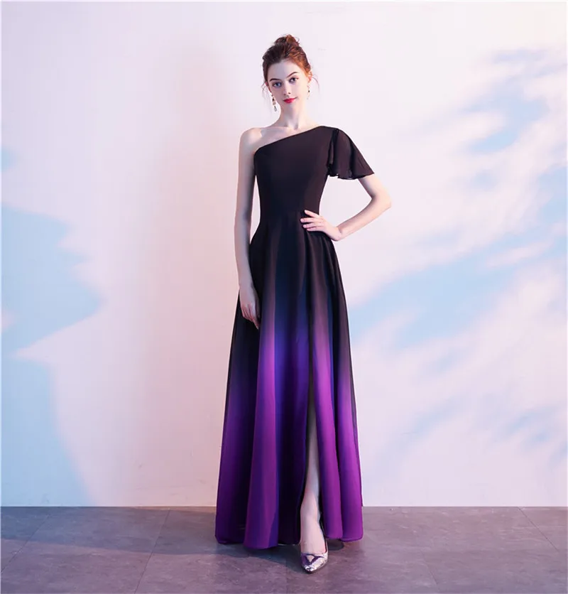 

New Summer Fashion Women Retro Chiffon One Shoulder Was Thin Evening Party Dress High Waist Gradient Slim Backless Dress