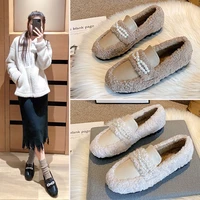 beads bow knot patchwork fur flats woman hot winter plush moccasins shoes women thick soled add cashmere loafers big size 4042
