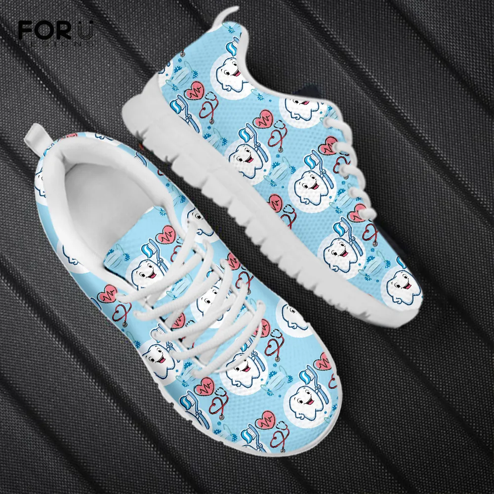

FORUDESIGNS Cute Cartoon Tooth Print Dentist Flat Shoes Women's Nursing Shoes Female Casual Sneakers Outdoor Walking Footwear