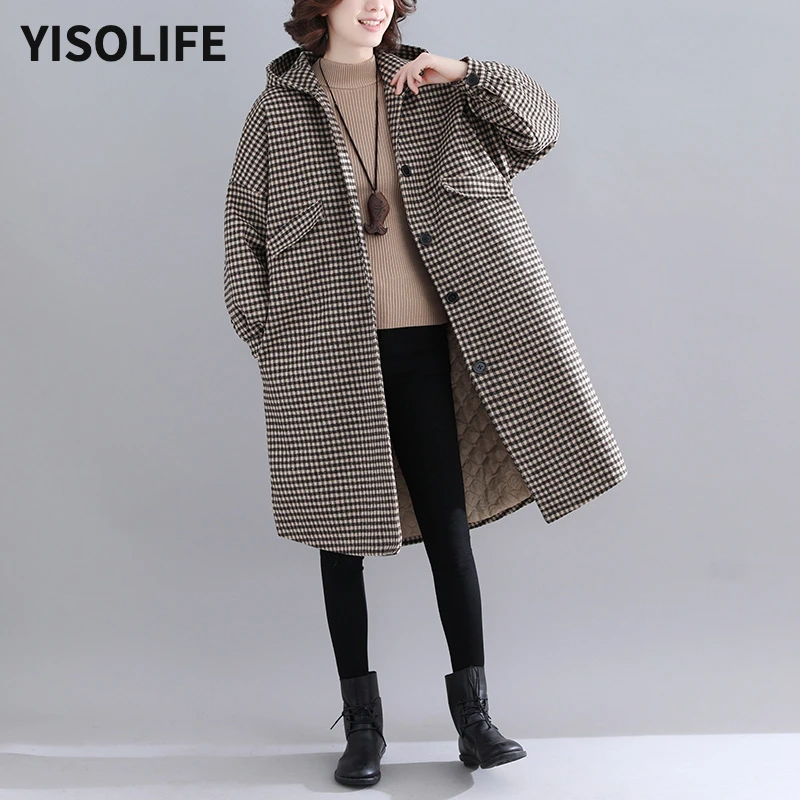 

YISOLIFE Women's Clothing Literary Style cotton coat Loose Oversized Trench Padded Hooded Coat Warm Check Woolen Long One Size