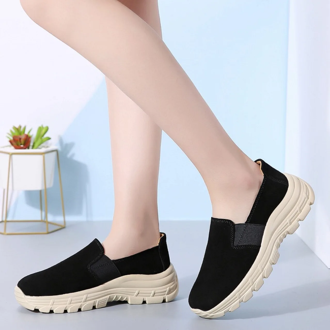 

All Melody 2021Spring Wedges Casual Ladies Shoes Punk Street Fashion Thick Sole Black Beige Blue Grey Cow Suede Pointed Toe
