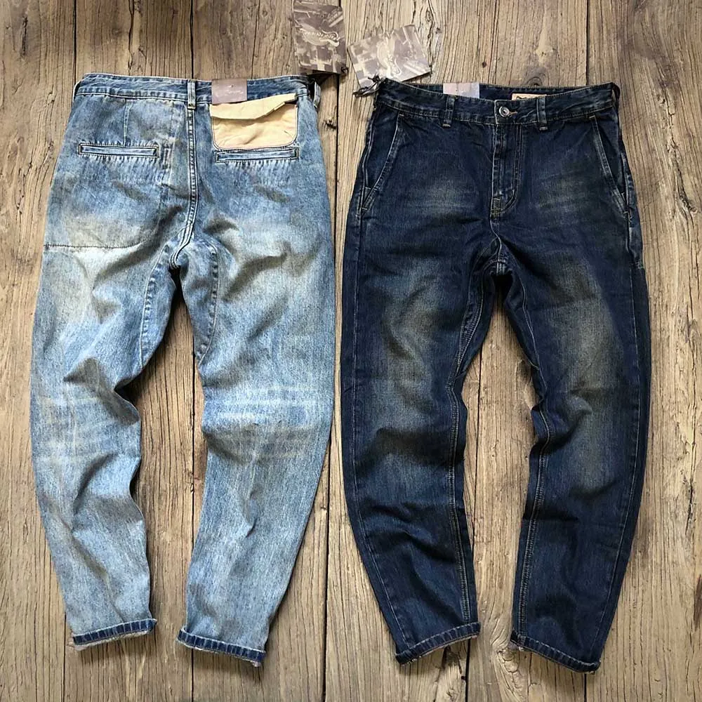 Men Pants Retro Jeans Denim Fabric Sand Washing Old Craftsmanship Vintage Texture Straight Slim Fit Trousers Streetwear Clothes