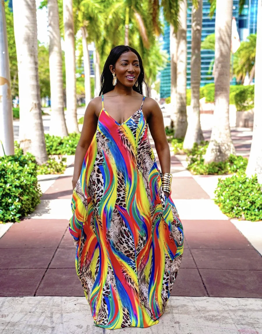 

Ursuper 2021 Women's Dress Summer Long Dress Pocket Print Wide Hem Loose Suspender Dress